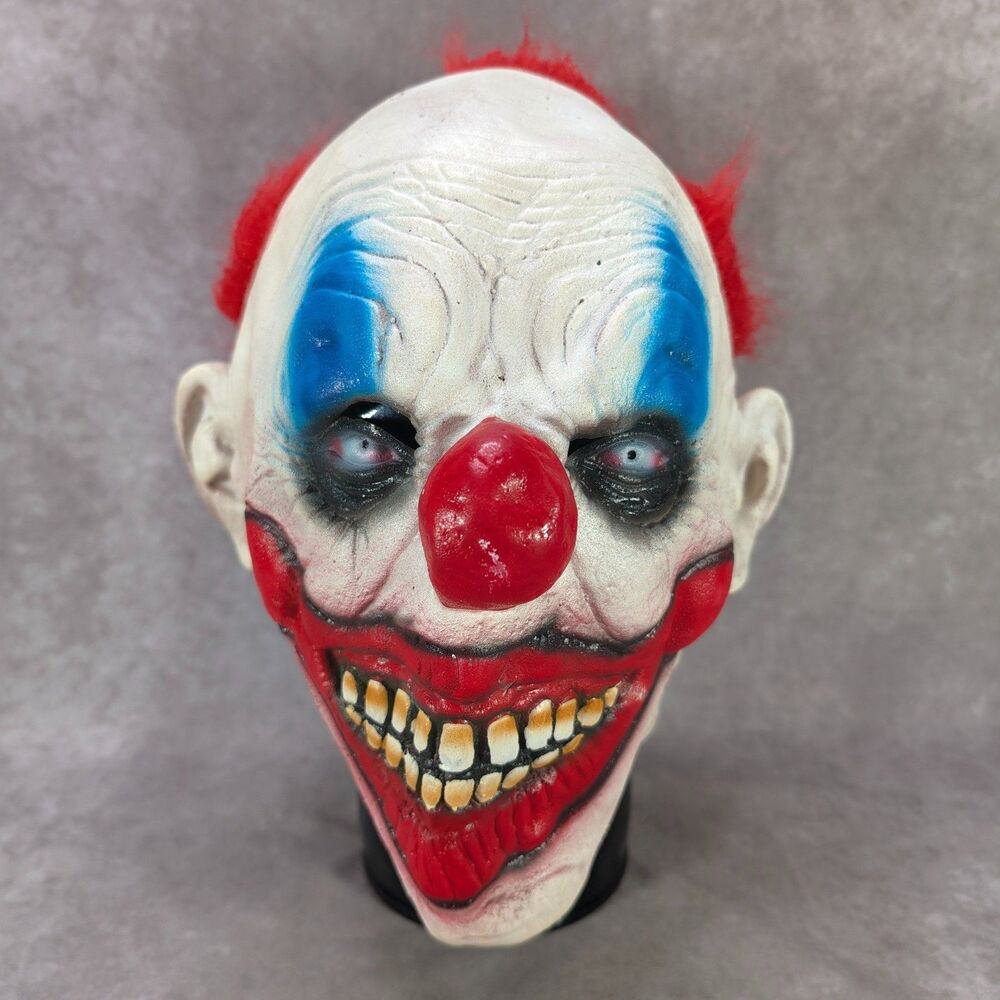Evil Scary Clown Latex Mask Overhead Red Hair Nose Blue Makeup Halloween Costume